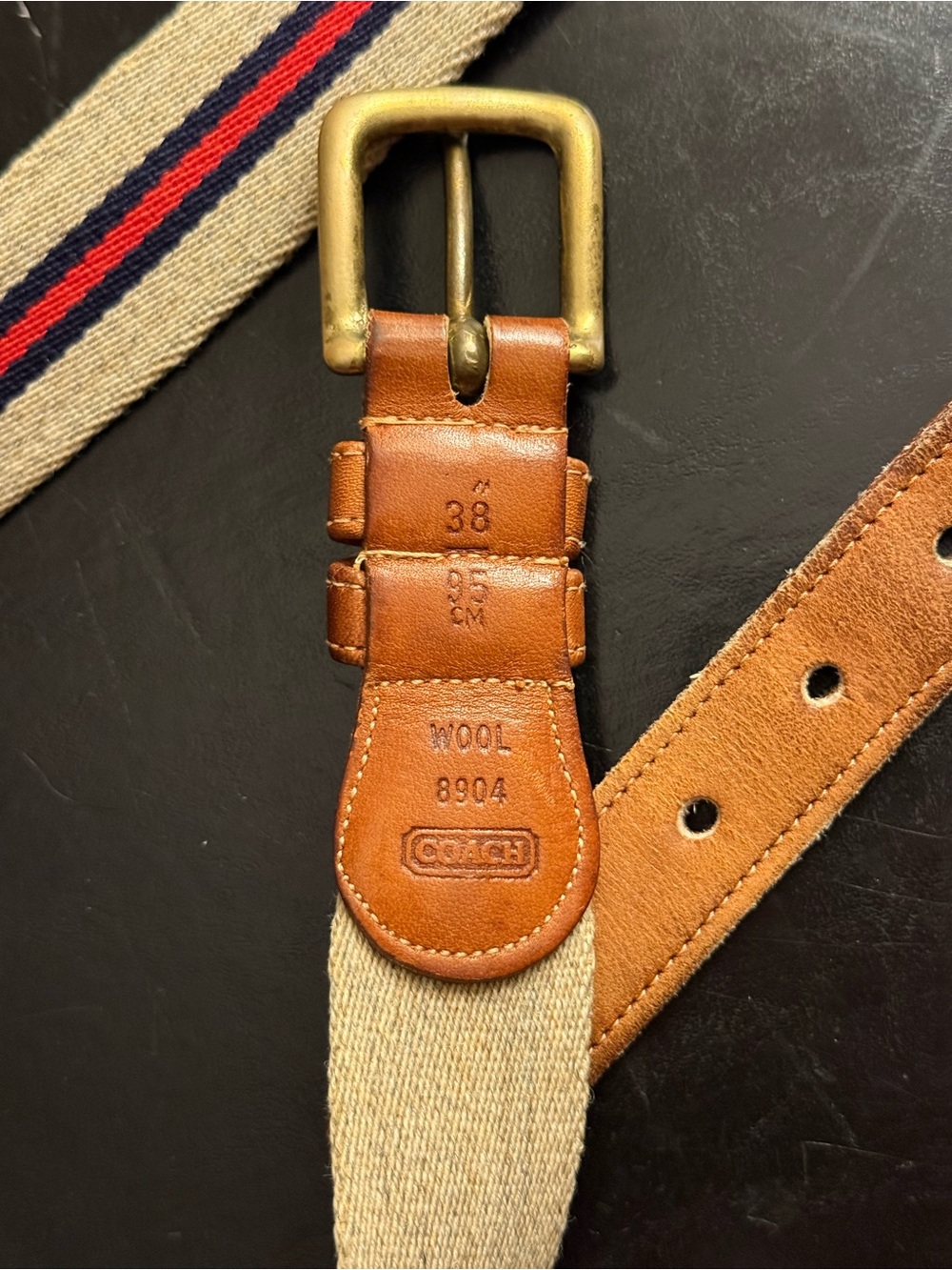 Coach Beige Canvas Belt with Brown Leather and Red/Navy Stripe - Picture 2 of 3